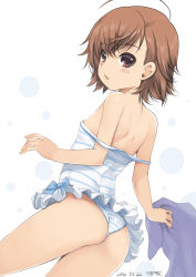 Rule 34 | 10s, 1girl, 2013, :3, :d, ahoge, artist name, ass, back, bare shoulders, blush, bow, breasts, brown eyes, brown hair, casual one-piece swimsuit, clone, cowboy shot, dated, dutch angle, from side, holding, kiya shii, last order (toaru majutsu no index), looking at viewer, looking back, matching hair/eyes, one-piece swimsuit, open mouth, polka dot, polka dot background, short hair, shoulder blades, signature, small breasts, smile, solo, standing, strap slip, striped clothes, striped one-piece swimsuit, swimsuit, swimsuit skirt, toaru majutsu no index, towel, white one-piece swimsuit
