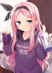 Rule 34 | &gt;:), 1girl, absurdres, bed, beer can, black hairband, black hoodie, black ribbon, blush, cafe stella to shinigami no chou, can, closed mouth, copyright request, cup, drawstring, drink can, drinking glass, forehead, green eyes, hair ribbon, hairband, hands up, highres, holding, holding can, holding cup, hood, hood down, hoodie, indoors, long hair, parted bangs, pink hair, ribbon, segaxtu, shioyama suzune, sleeves past wrists, smile, solo, v-shaped eyebrows, very long hair, wooden floor