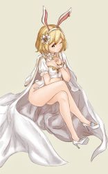Rule 34 | 10s, 1girl, ;), alternate costume, animal ears, ass, bare legs, blonde hair, breasts, brown eyes, cape, cleavage, djeeta (granblue fantasy), earrings, fake animal ears, finger to mouth, flower, granblue fantasy, hair flower, hair ornament, hairband, high heels, highres, invisible chair, jewelry, crossed legs, leotard, looking at viewer, one eye closed, puffy short sleeves, puffy sleeves, rabbit ears, sage (granblue fantasy), shoes, short hair, short sleeves, single earring, sitting, smile, solo, wakaba (945599620), white footwear, white leotard, wrist cuffs