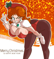 Rule 34 | 1girl, ass, bent over, blue eyes, boots, breasts, brooch, christmas, cleavage, earrings, flower earrings, gloves, grin, happy new year, hat, highres, jewelry, laccerart, large breasts, legs, leotard, looking at viewer, mario (series), new year, nintendo, one eye closed, orange hair, pantyhose, princess daisy, smile, solo, thigh boots, thighs, tomboy, v, wink