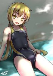 Rule 34 | 1girl, alternate costume, artist name, black one-piece swimsuit, blonde hair, competition swimsuit, cowboy shot, dappled sunlight, dated, highres, kantai collection, long hair, looking at viewer, low twintails, one-piece swimsuit, open mouth, satsuki (kancolle), sitting, smile, solo, sunlight, swimsuit, tsuchimiya, twintails, yellow eyes