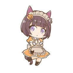 Rule 34 | 1girl, animal ears, apron, brown apron, brown hair, character request, chibi, dress, enonko, full body, halloween costume, horse ears, horse girl, horse tail, looking at viewer, maid, maid apron, maid headdress, open mouth, orange dress, purple eyes, short hair, short sleeves, simple background, solo, tail, umamusume, white background