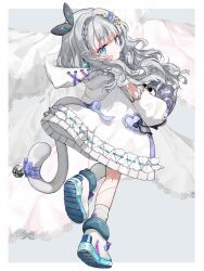 Rule 34 | 1girl, absurdres, and uge, bell, black bow, blue bow, blue eyes, blue flower, border, bow, braid, cat tail, commentary request, cross-laced clothes, cross-laced sleeves, dress, dress bow, flower, frilled dress, frills, full body, grey background, grey hair, hair flower, hair ornament, hairclip, hanada ten, heart pin, highres, holding, hood, hood down, hooded dress, long hair, looking at viewer, looking back, medium bangs, nanashi inc., open mouth, ribbon-trimmed dress, shoes, side braid, snail, sneakers, socks, solo, star (symbol), star hair ornament, tail, tail bell, tail bow, tail ornament, virtual youtuber, wavy hair, white border, white dress, white footwear, white socks, winding key, zoom layer