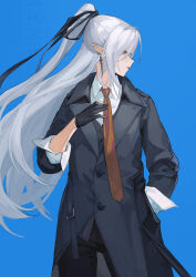Rule 34 | 1girl, absurdres, arknights, belt, black coat, black gloves, black pants, black ribbon, blue background, chinese commentary, closed mouth, coat, collared shirt, cowboy shot, cross, cross earrings, earrings, eyelashes, floating hair, gladiia (arknights), gloves, grey hair, hair ribbon, half updo, hand in pocket, haocong33, highres, jewelry, lipstick, long hair, looking to the side, makeup, necktie, orange necktie, pants, pointy ears, ponytail, profile, red eyes, red lips, ribbon, shirt, simple background, solo, very long hair, white hair, white shirt