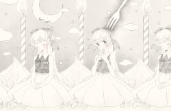 Rule 34 | 3girls, asaka yumetsuki, badge, blush, bow, candle, clone, closed eyes, closed mouth, cloud, collared vest, crescent moon, dot mouth, dress, fire, food, fork, fruit, hair bow, highres, long hair, looking up, mini person, minigirl, monochrome, moon, multiple girls, original, own hands together, ponytail, sitting, sky, spot color, star (symbol), strawberry, vest