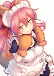 Rule 34 | 1girl, animal ears, animal hands, apron, bell, breasts, collar, fal (fal-se-0), fate/grand order, fate (series), fox ears, fox tail, hair ribbon, large breasts, long hair, looking at viewer, maid, maid apron, maid headdress, neck bell, pink hair, ribbon, simple background, solo, tail, tamamo (fate), tamamo cat (fate), tamamo cat (second ascension) (fate), tamamo no mae (fate/extra), translation request, white background, yellow eyes
