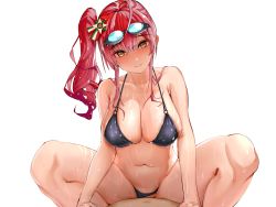 Rule 34 | 1boy, 1girl, ahoge, azur lane, bare legs, bikini, bikini bottom aside, black bikini, blush, breasts, brown eyes, cleavage, closed mouth, clothed female nude male, clothed sex, clothing aside, collarbone, cowgirl position, girl on top, goggles, goggles on head, hair ornament, hetero, large breasts, looking at viewer, lying, navel, nose blush, nude, o-ring, o-ring bikini, o-ring top, on back, pov, red hair, sex, side ponytail, sidelocks, simple background, smile, solo focus, spread legs, stomach, straddling, swimsuit, thighs, tucciao, water, wet, white background, wide hips, zara (azur lane), zara (poolside coincidence) (azur lane)