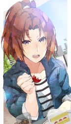 Rule 34 | 1girl, bird, blue jacket, blue sky, brown hair, building, cake, cake slice, collarbone, cup, denim, denim jacket, dutch angle, faux traditional media, food, fork, fruit, hand up, hibike! euphonium, highres, holding, holding food, jacket, kataru (ubw-emiya), long hair, long sleeves, looking at viewer, nakagawa natsuki, open mouth, outdoors, outstretched arm, plate, ponytail, purple eyes, shirt, sitting, sky, smile, solo, strawberry, striped clothes, striped shirt, table, tree, white shirt