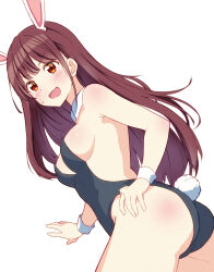 Rule 34 | 1girl, absurdres, alternate hairstyle, animal ears, ass, bare shoulders, blush, breasts, brown hair, collar, cowboy shot, detached collar, dot nose, fake animal ears, fake tail, hand on own hip, highres, idolmaster, idolmaster shiny colors, large breasts, leaning forward, leotard, long hair, looking at viewer, onpu (ghkc2238), open mouth, playboy bunny, rabbit ears, rabbit tail, red eyes, shy, sideboob, simple background, smile, solo, sonoda chiyoko, standing, strapless, strapless leotard, sweatdrop, tail, v-shaped eyebrows, white background, white collar, white wrist cuffs, wrist cuffs
