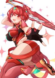Rule 34 | 1girl, absurdres, armor, ass, belt, black belt, black gloves, boots, breasts, fingerless gloves, gem, gloves, green gemstone, hand on weapon, highres, large breasts, mikan (mika n95), open hand, pyra (xenoblade), red armor, red eyes, red hair, short hair, short shorts, shorts, solo, star (symbol), thigh boots, tiara, xenoblade chronicles (series), xenoblade chronicles 2