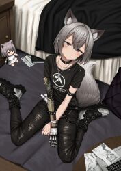 Rule 34 | 1girl, :|, absurdres, animal ear fluff, animal ears, aphex twin, arm belt, bed, belt collar, black choker, black pants, black shirt, blush, boots, brown eyes, chain, choker, closed mouth, collar, collarbone, commission, computer, fumo (doll), grey hair, highres, jaana kettu, jewelry, laptop, lobsteranian, looking at viewer, mechanical arms, necklace, on ground, original, pants, pillow, prosthesis, prosthetic arm, punk, shirt, short sleeves, single mechanical arm, sitting, solo, tail, wariza