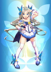 Rule 34 | 1girl, alternate costume, asakaze (kancolle), blue background, blue bow, blue choker, blue eyes, blue skirt, blush, boots, bow, breasts, choker, collarbone, cosplay, cure marine, cure marine (cosplay), dress, full body, hair ribbon, heartcatch precure!, kantai collection, light brown hair, long hair, looking back, magical girl, moke ro, precure, puffy short sleeves, puffy sleeves, ribbon, short sleeves, skirt, small breasts, solo, thighhighs, v, wavy hair, white thighhighs