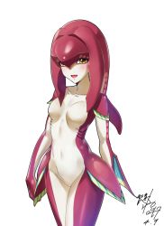 Rule 34 | 1girl, :d, absurdres, blush, breasts, collarbone, fins, fish girl, highres, kagiyama (clave), lips, looking at viewer, mipha, navel, nintendo, open mouth, pink lips, simple background, smile, solo, the legend of zelda, the legend of zelda: breath of the wild, white background, yellow eyes, zora
