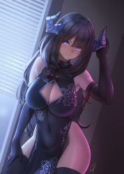 Rule 34 | 1girl, armpits, bare shoulders, black dress, black gloves, black thighhighs, blue eyes, china dress, chinese clothes, cleavage cutout, clothing cutout, commentary request, contrapposto, covered navel, cowboy shot, demon girl, detached sleeves, dress, dutch angle, elbow gloves, gloves, glowing, glowing eyes, hand on own leg, hayabusa (vert 320), highres, horns, indoors, light smile, long hair, looking at viewer, original, side slit, signature, solo, standing, thighhighs, thighs, turtleneck, window