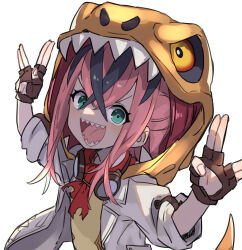 Rule 34 | 1girl, absurdres, black gloves, black hair, commentary, crossed bangs, dinosaur costume, dinosaur hood, double v, fingerless gloves, fingernails, gazacy (dai), gloves, goggles, goggles around neck, granblue fantasy, green eyes, hair between eyes, highres, hood, hood up, jacket, looking at viewer, multicolored hair, open mouth, pink hair, sharp teeth, sidelocks, simple background, solo, teeth, tongue, two-tone hair, tyra (granblue fantasy), upper body, v, white background