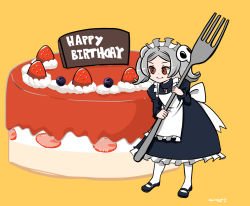 Rule 34 | 1girl, apron, birthday, bloody marie (skullgirls), blueberry, bow, brooch, cake, dress, food, fork, frilled apron, frilled dress, frills, fruit, grey hair, hair ornament, hitsujiko, holding, jewelry, maid headdress, mary janes, red eyes, shoes, skull hair ornament, skullgirls, smile, solo, strawberry, strawberry shortcake, twintails, yellow background