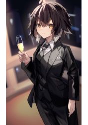 Rule 34 | 1girl, ahoge, alternate costume, arknights, black necktie, brown hair, champagne flute, commentary request, cup, drinking glass, formal, hair between eyes, holding, holding cup, looking at viewer, multicolored hair, necktie, plume (arknights), sasa onigiri, short hair, smile, solo, suit, two-tone hair, white hair
