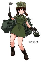 Rule 34 | 1girl, apron, boots, brown eyes, brown hair, camouflage, character name, gloves, hat, japan ground self-defense force, japan self-defense force, ladle, machinery, mess kit, military, military vehicle, original, personification, short twintails, simple background, smile, solo, tokihama jirou, twintails, vehicle, white background, yagai suigu i