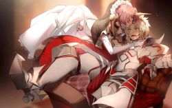 Rule 34 | 2girls, armor, armored boots, blonde hair, blush, boots, breastplate, bridal veil, couch, dress, elbow gloves, closed eyes, fate/apocrypha, fate (series), kissing forehead, frankenstein&#039;s monster (fate), gauntlets, gloves, greaves, green eyes, hair ornament, hair scrunchie, horns, kiss, kissing forehead, light, mordred (fate), mordred (fate/apocrypha), multiple girls, no-kan, open mouth, pauldrons, pink hair, red scrunchie, scrunchie, shoulder armor, single horn, sitting, veil, wedding dress, white dress, white gloves, yuri