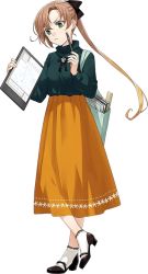 Rule 34 | 1girl, akigumo (kancolle), alternate costume, bag, book, brown hair, fujikawa, full body, hair ribbon, kantai collection, long skirt, official art, ribbon, side ponytail, simple background, skirt, solo, stylus, tablet pc, thinking, transparent background, yellow eyes