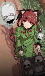 Rule 34 | 1girl, animal ear fluff, animal ears, braid, cat ears, cat tail, closed mouth, dress, from above, glowing, glowing eyes, green dress, hanazawa suou, highres, hitodama, kaenbyou rin, multiple tails, nekomata, red eyes, red hair, shadow, skeleton, skull, solo, tail, touhou, twin braids, twintails, two tails, wheelbarrow