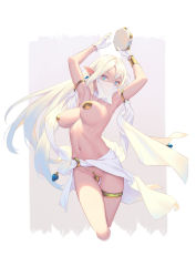 Rule 34 | 1girl, armlet, arms up, bigrbear, blue eyes, bouncing breasts, bracelet, breasts, choker, cropped legs, dancer, earrings, gloves, highres, holding, holding instrument, instrument, jewelry, long hair, looking at viewer, medium breasts, mouth veil, navel, original, pasties, pointy ears, revealing clothes, sarong, simple background, solo, tambourine, thighlet, veil, white choker, white gloves, white hair
