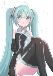 Rule 34 | 1girl, :o, \||/, absurdres, ahoge, aqua eyes, aqua hair, aqua necktie, ass, bare shoulders, blush, collared shirt, detached sleeves, dot nose, hair ornament, hatsune miku, highres, legs together, long hair, looking at viewer, mokoinu (pixiv 27216243), necktie, open mouth, shirt, simple background, sitting, skirt, sleeveless, sleeveless shirt, sleeves past wrists, solo, star (symbol), thighhighs, twintails, very long hair, vocaloid, white background