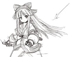 Rule 34 | 1girl, ainu clothes, breasts, clenched hands, fingerless gloves, gloves, hair ribbon, highres, legs, long hair, looking at viewer, monochrome, nakoruru, pants, parted lips, ribbon, samurai spirits, sketch, small breasts, snk, solo, the king of fighters, thighs, traditional media, weapon