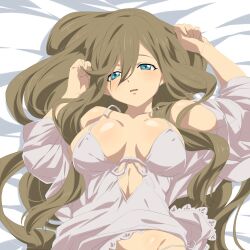 Rule 34 | 1girl, bare shoulders, bed sheet, blue eyes, blush, breasts, brown hair, cleavage, clothing cutout, collarbone, curly hair, dress, hair between eyes, hands up, large breasts, light blush, long hair, looking at viewer, lying, midriff, nightgown, on back, panties, parted lips, pochi-a, pov, side-tie panties, sidelocks, solo, spaghetti strap, stomach cutout, tales of (series), tales of the abyss, tear grants, underwear, upper body, white dress