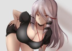 Rule 34 | 1girl, bent over, black shorts, breasts, choker, cleavage, gradient background, grey background, halterneck, hand on own hip, id card, j yak47, klone (j.roswel), lanyard, large breasts, long hair, looking at viewer, original, red eyes, short shorts, short sleeves, shorts, sidelocks, silver hair, solo, thighs