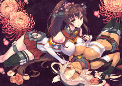 Rule 34 | 10s, 1girl, 2girls, black thighhighs, blonde hair, breasts, brown eyes, brown hair, cherry blossoms, chrysanthemum print, dark-skinned female, dark skin, floral print, flower, glasses, hair ornament, kantai collection, large breasts, long hair, miniskirt, multiple girls, musashi (kancolle), nishimura eri, personification, pleated skirt, pointy hair, ponytail, red eyes, sarashi, single thighhigh, skirt, thighhighs, twintails, two side up, yamato (kancolle), zettai ryouiki