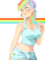 Rule 34 | 1girl, blush, breasts, character name, cutie mark, hot, kami (sasaki612), medium breasts, midriff, mouth hold, multicolored hair, my little pony, my little pony: friendship is magic, navel, no bra, personification, pink eyes, rainbow, rainbow dash, rainbow hair, shorts, solo, tan, tank top, tanline, tupet