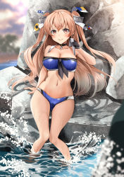 Rule 34 | 1girl, bikini, black gloves, blue bikini, breasts, brown eyes, commentary request, gloves, highres, johnston (kancolle), kantai collection, large breasts, light brown hair, long hair, looking at viewer, official alternate costume, rock, single glove, sitting, soaking feet, solo, swimsuit, two side up, yunamaro