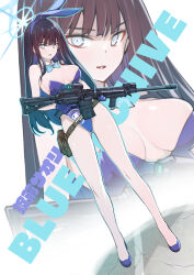 Rule 34 | 1girl, absurdres, alternate costume, animal ears, bare shoulders, black hair, blue archive, blue eyes, blue footwear, bow, bowtie, breasts, detached collar, dutch angle, full body, gun, high heels, highres, holding, holding gun, holding weapon, kojima takeshi, large breasts, leotard, long hair, looking at viewer, medium breasts, playboy bunny, rabbit ears, saori (blue archive), solo, standing, weapon