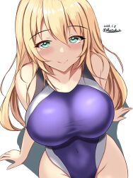 Rule 34 | 1girl, atago (kancolle), black one-piece swimsuit, blonde hair, breasts, cleavage, competition swimsuit, covered navel, dated, gilberto montemayor terrazas, green eyes, highres, kantai collection, large breasts, long hair, looking at viewer, looking up, montemasa, multicolored clothes, multicolored swimsuit, one-piece swimsuit, purple one-piece swimsuit, shadow, sitting, solo, swimsuit, twitter username, two-tone swimsuit