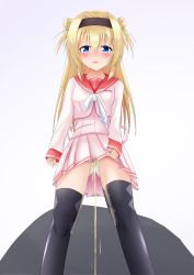 Rule 34 | 1girl, absurdres, black thighhighs, blonde hair, blue eyes, blush, breast pocket, breasts, chitose sana, clothes lift, double bun, embarrassed, hair bun, hairband, highres, long hair, long sleeves, looking at viewer, neckerchief, open mouth, panties, peeing, peeing self, pink shirt, pink skirt, pocket, school uniform, shino (pixiv7784246), shirt, skirt, skirt lift, small breasts, standing, tears, tenshinranman, thighhighs, twintails, underwear, wet, wet clothes, wet panties, white background, white neckerchief, white panties, yuzu-soft