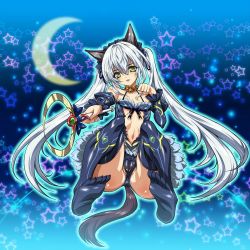 Rule 34 | 1girl, animal ears, bell, bow, breasts, cat ears, cat tail, choker, crescent moon, detached sleeves, fang, feet, frills, full body, highres, jingle bell, long hair, looking at viewer, moon, open mouth, original, paw pose, q azieru, silver hair, solo, staff, star (symbol), tail, thighhighs, twintails, very long hair, yellow eyes