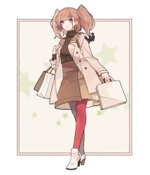 Rule 34 | 1girl, alternate costume, anchor hair ornament, asymmetrical legwear, atlanta (kancolle), bag, blush, boots, breasts, brown hair, brown skirt, brown sweater, closed mouth, coat, earrings, full body, hair ornament, hair scrunchie, holding, holding bag, jewelry, kantai collection, long sleeves, mismatched legwear, necklace, pantyhose, scrunchie, shakemi (sake mgmgmg), shopping bag, simple background, single earring, skirt, solo, standing, star (symbol), star earrings, star necklace, sweater, turtleneck, turtleneck sweater, twintails, two side up, white footwear