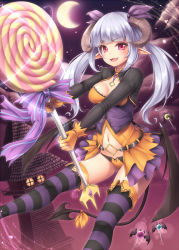 Rule 34 | 1girl, :3, bat wings, blue hair, breasts, candy, cleavage, crescent moon, demon girl, demon horns, demon tail, fang, food, gloves, horns, lollipop, long hair, moon, navel, night, original, panties, pointy ears, red eyes, sasaame, solo, striped clothes, striped thighhighs, tail, thighhighs, twintails, underwear, wings