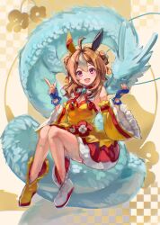 Rule 34 | 1girl, ahoge, animal ears, asymmetrical footwear, bare shoulders, bead bracelet, beads, blue gloves, blush, boots, bracelet, breasts, chinese zodiac, cleavage, copano rickey (umamusume), detached collar, detached sleeves, double bun, dragon, dress, fang, fingerless gloves, full body, gloves, hair bun, hair ornament, highres, horse ears, index finger raised, jewelry, long hair, mismatched footwear, multicolored hair, new year, open mouth, purple eyes, sitting, skin fang, small breasts, smile, solo, strapless, strapless dress, streaked hair, tassel, tassel hair ornament, umamusume, white footwear, year of the dragon, yellow dress, yellow footwear, yoshiaki (yosiaki ml)