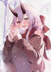 Rule 34 | 1girl, bare tree, coat, enpera, fate/grand order, fate (series), felnemo, hair between eyes, hair ribbon, hands up, horns, looking at viewer, open clothes, open coat, open mouth, orange eyes, outdoors, own hands together, pink hair, ribbon, scarf, smile, snowflakes, solo, sweater, tomoe gozen (fate), tree, upper body, winter