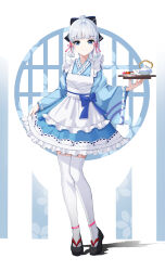 Rule 34 | 1girl, absurdres, alternate costume, apron, ayaka (genshin impact), black footwear, black ribbon, blue dress, blue eyes, blue ribbon, blunt bangs, closed mouth, commentary request, dress, food, frilled dress, frills, full body, genshin impact, hair ribbon, hand up, highres, holding, holding tray, long hair, long sleeves, looking at viewer, maid, marks (dmhunsu10), ribbon, sidelocks, skirt hold, smile, solo, standing, tassel, teapot, thighhighs, tray, white apron, white hair, white thighhighs, wide sleeves