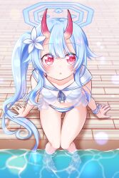 Rule 34 | 1girl, absurdres, bikini, blue archive, blue hair, blue halo, blush, breasts, chise (blue archive), chise (swimsuit) (blue archive), dani (kamenoaru), flower, gluteal fold, hair flower, hair ornament, halo, highres, horns, long hair, looking at viewer, navel, oni, oni horns, red eyes, sandals, see-through, see-through shirt, shirt, side-tie bikini bottom, side ponytail, sitting, sleeveless, sleeveless shirt, small breasts, soaking feet, solo, striped bikini, striped clothes, swimsuit, thigh gap, thighs, very long hair, water, white shirt