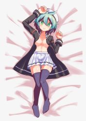 Rule 34 | 1girl, arm up, bed sheet, black thighhighs, breasts, closed mouth, collarbone, cougar (cougar1404), full body, gluteal fold, green eyes, hat, looking at viewer, lying, majin shoujo, medium breasts, multicolored hair, on back, short hair, skirt, sola (majin shoujo), solo, thighhighs, white skirt, zettai ryouiki