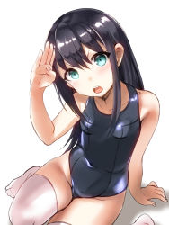 Rule 34 | 1girl, absurdres, alternate costume, alternate legwear, arm support, asashio (kancolle), black hair, blue eyes, blue one-piece swimsuit, blush, breasts, collarbone, covered navel, eureka (eureka-0075), hair between eyes, highres, kantai collection, long hair, looking at viewer, md5 mismatch, old school swimsuit, one-piece swimsuit, open mouth, resolution mismatch, salute, school swimsuit, shadow, simple background, sitting, small breasts, solo, source smaller, swimsuit, teeth, thighhighs, white background, white thighhighs