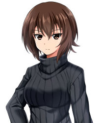 Rule 34 | 1girl, black sweater, brown eyes, brown hair, casual, closed mouth, commentary, frown, girls und panzer, highres, looking at viewer, nishizumi maho, ribbed sweater, short hair, simple background, solo, sweater, turtleneck, upper body, white background, zanntetu