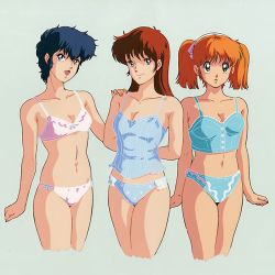Rule 34 | 1980s (style), 3girls, arms behind back, blue hair, brown hair, cropped legs, hand on another&#039;s shoulder, long hair, looking at viewer, lowres, midnight anime lemon angel, multiple girls, navel, official art, oldschool, open mouth, orange hair, retro artstyle, short hair, simple background, smile, underwear, underwear only