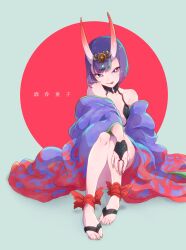 Rule 34 | 1girl, bob cut, breasts, character name, commentary request, fate/grand order, fate (series), fingernails, full body, hair ornament, highres, horns, purple eyes, purple hair, purple robe, revealing clothes, robe, sharp fingernails, sharp toenails, shuten douji (fate), sitting, skin-covered horns, small breasts, solo, toenails, tongue, tongue out, yonchi
