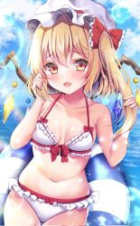 Rule 34 | 1girl, bikini, blonde hair, bow, breasts, cleavage, commentary request, crystal, flandre scarlet, hair bow, hat, highres, horizon, long hair, looking at viewer, mob cap, navel, one side up, open mouth, orange eyes, outdoors, red bow, red eyes, shirotsuki shirone, small breasts, solo, swimsuit, touhou, white bikini, white hat, wings