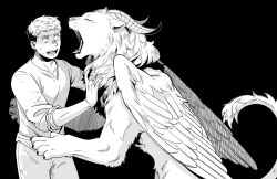 Rule 34 | 1boy, closed eyes, cowboy shot, demon horns, dgae 715, dungeon meshi, facing another, feathered wings, from side, greyscale, hand in another&#039;s hair, hand up, highres, horns, imminent bite, korean commentary, laios touden, lion, looking at another, male focus, monochrome, open mouth, pants, pushing away, scared, short hair, sideways glance, simple background, sleeves rolled up, spoilers, sweat, tongue, tongue out, upper body, v-neck, winged lion (dungeon meshi), wings